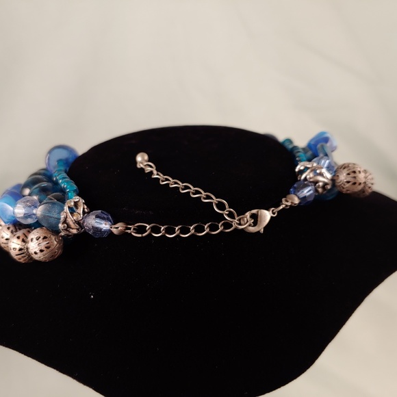 Multi-Strand Layered Beaded Necklace Blue Silver 5 Strands 15"-18" - Picture 4 of 8